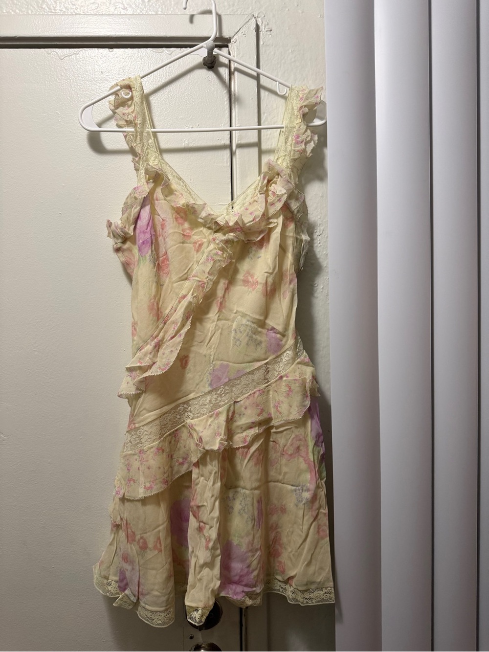 LoveShackFancy Pale Yellow Floral Ruffle Mini Dress with Pink Accents - Picture 3 of 7